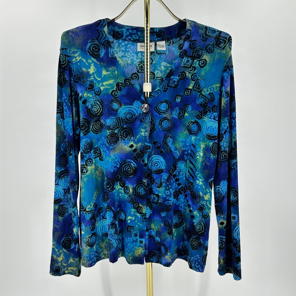 Chicos Travelers Blue Green Abstract Swirl V-Neck Button Top Size 1 M LS